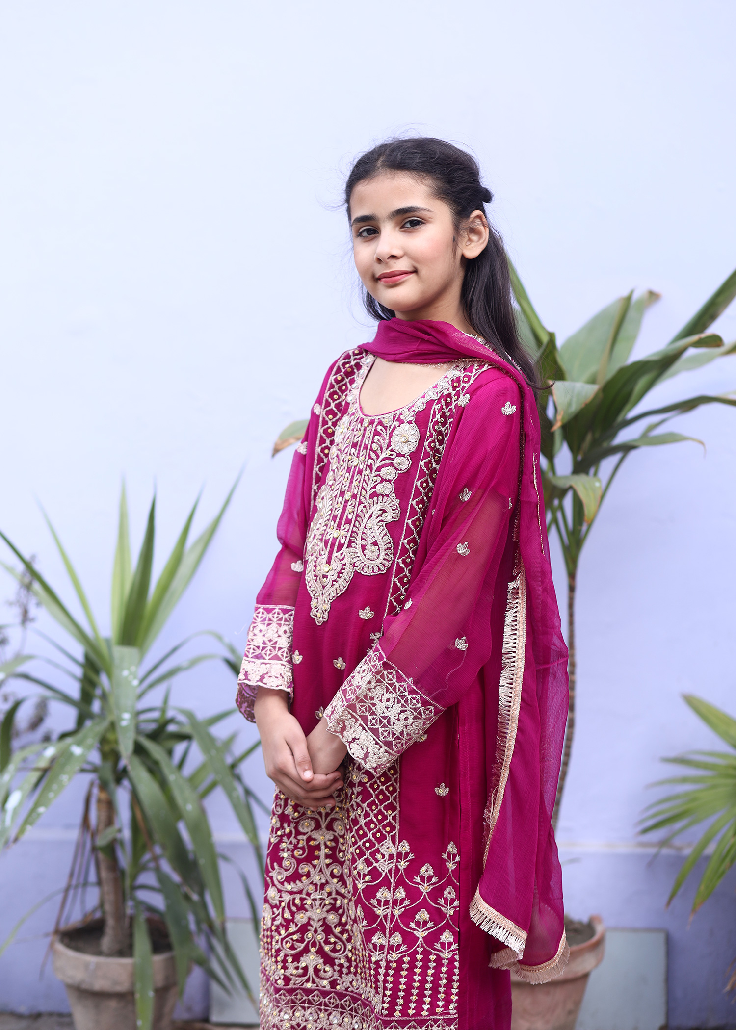 Magenta Embroidered Kids Chiffon 3 Piece Kurta Set - Image 2