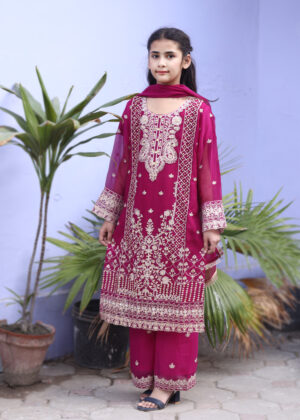 Magenta embroidered kids chiffon 3 piece kurta set for girls Eid wear