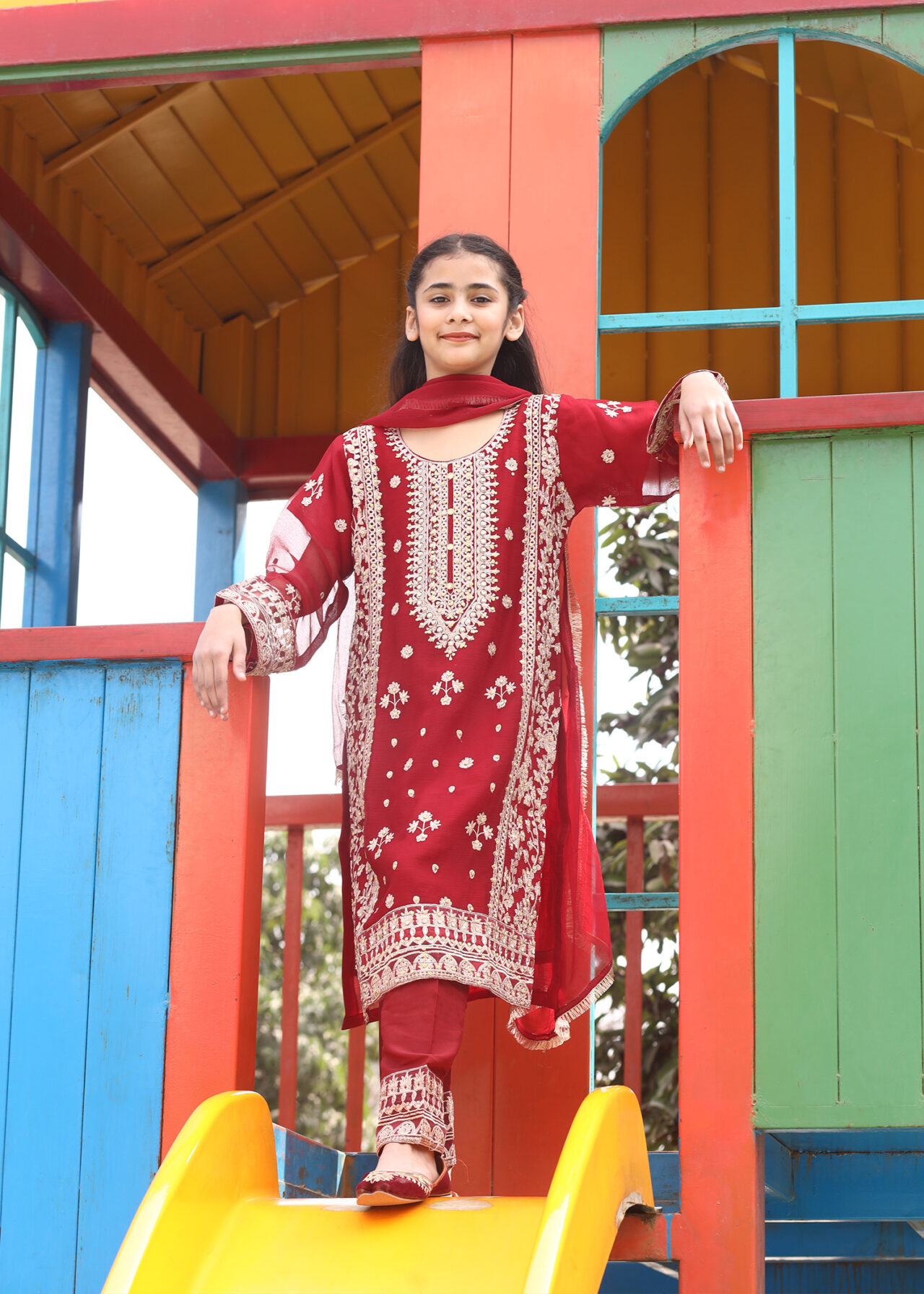 Front view royal maroon girls embroidered chiffon kurta set with dupatta – kids Eid outfit 3 piece