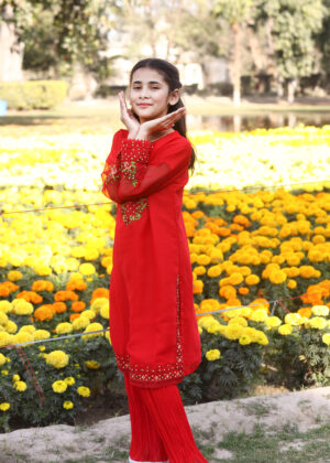 Kids red embroidered chiffon sharara set for girls