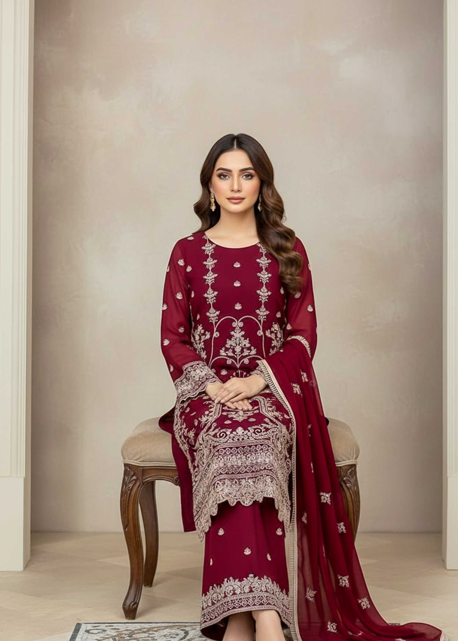 Maroon Luxury Embroidered 3 Piece Chiffon Kurta Set – Women’s Festive - Image 2