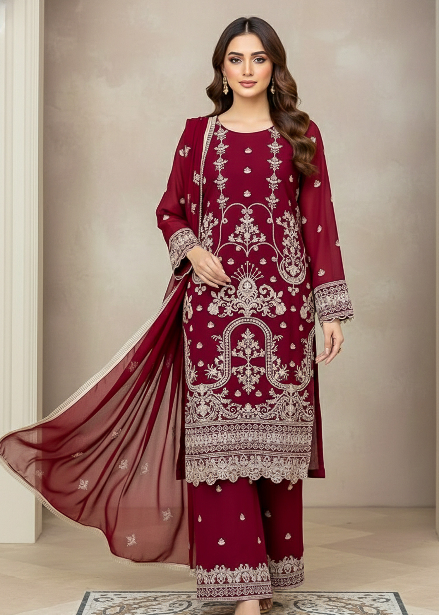 Maroon Luxury Embroidered 3 Piece Chiffon Kurta Set – Women’s Festive - Image 3