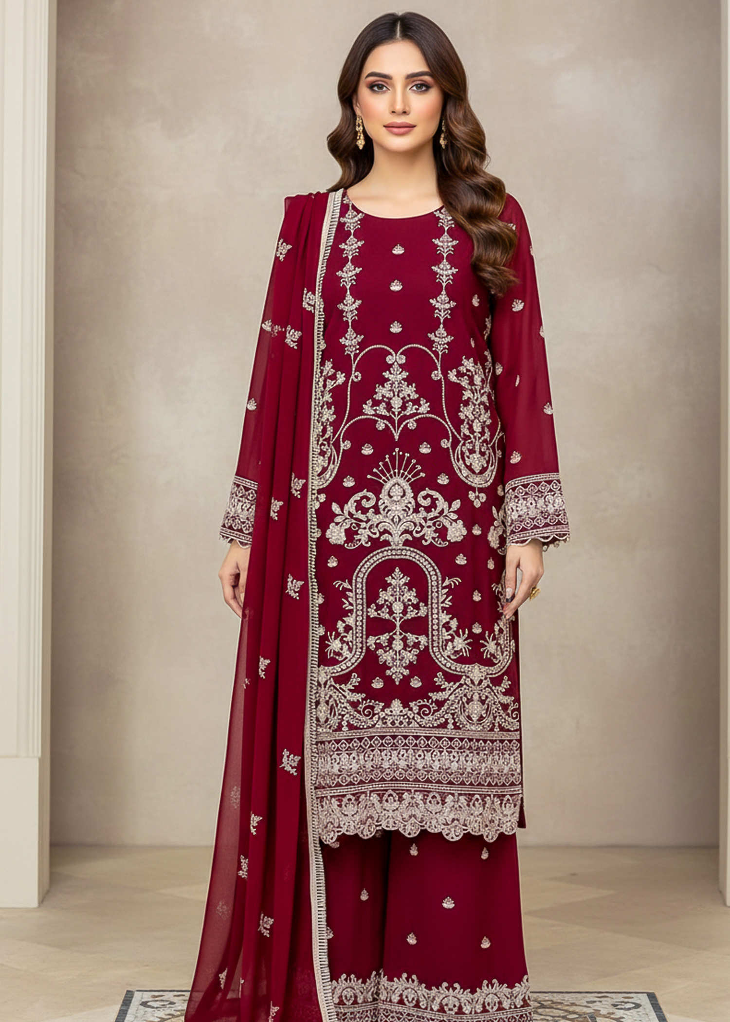 Maroon wedding wear embroidered chiffon dress